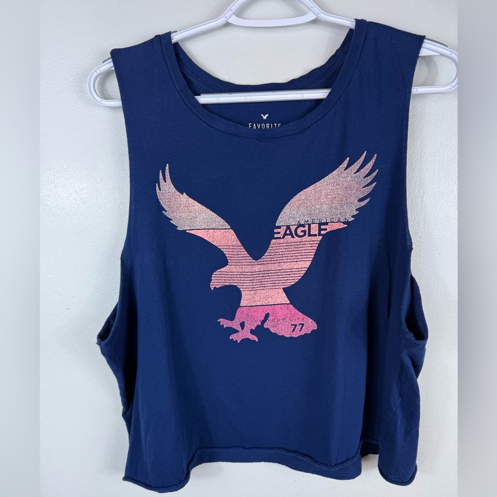 American Eagle Favorite Tank Graphic Cropped Blue Y2K Cut Out Large‎ Unisex